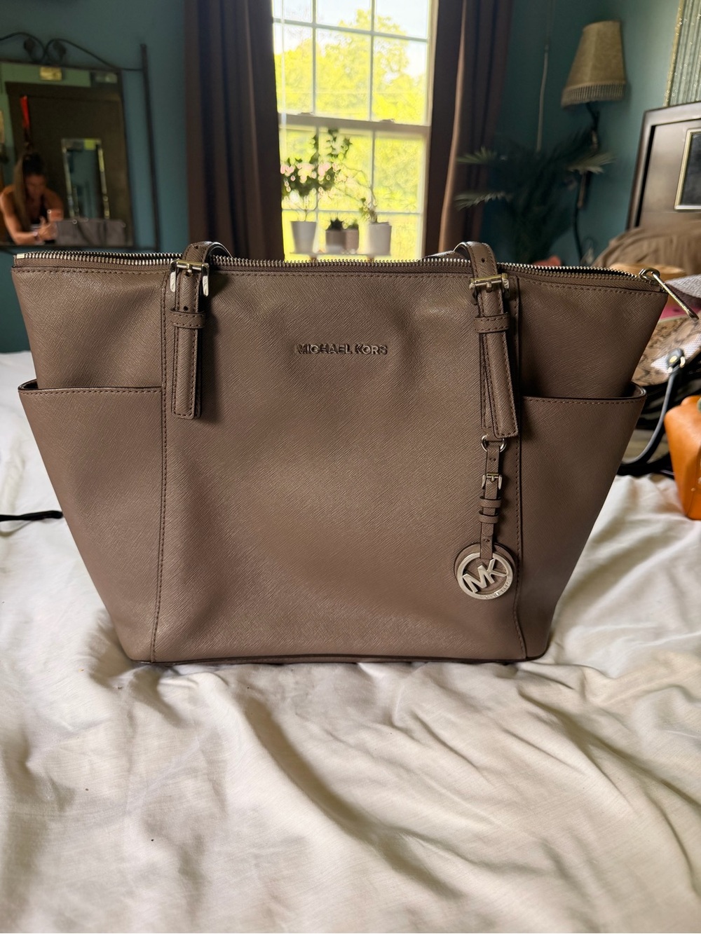 Michael Kors Taupe Saffiano Leather Tote with MK Charm